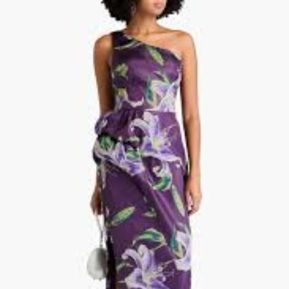 Marchesa Notte purple Jacquard lilly one shoulder midi cocktail dress size 8